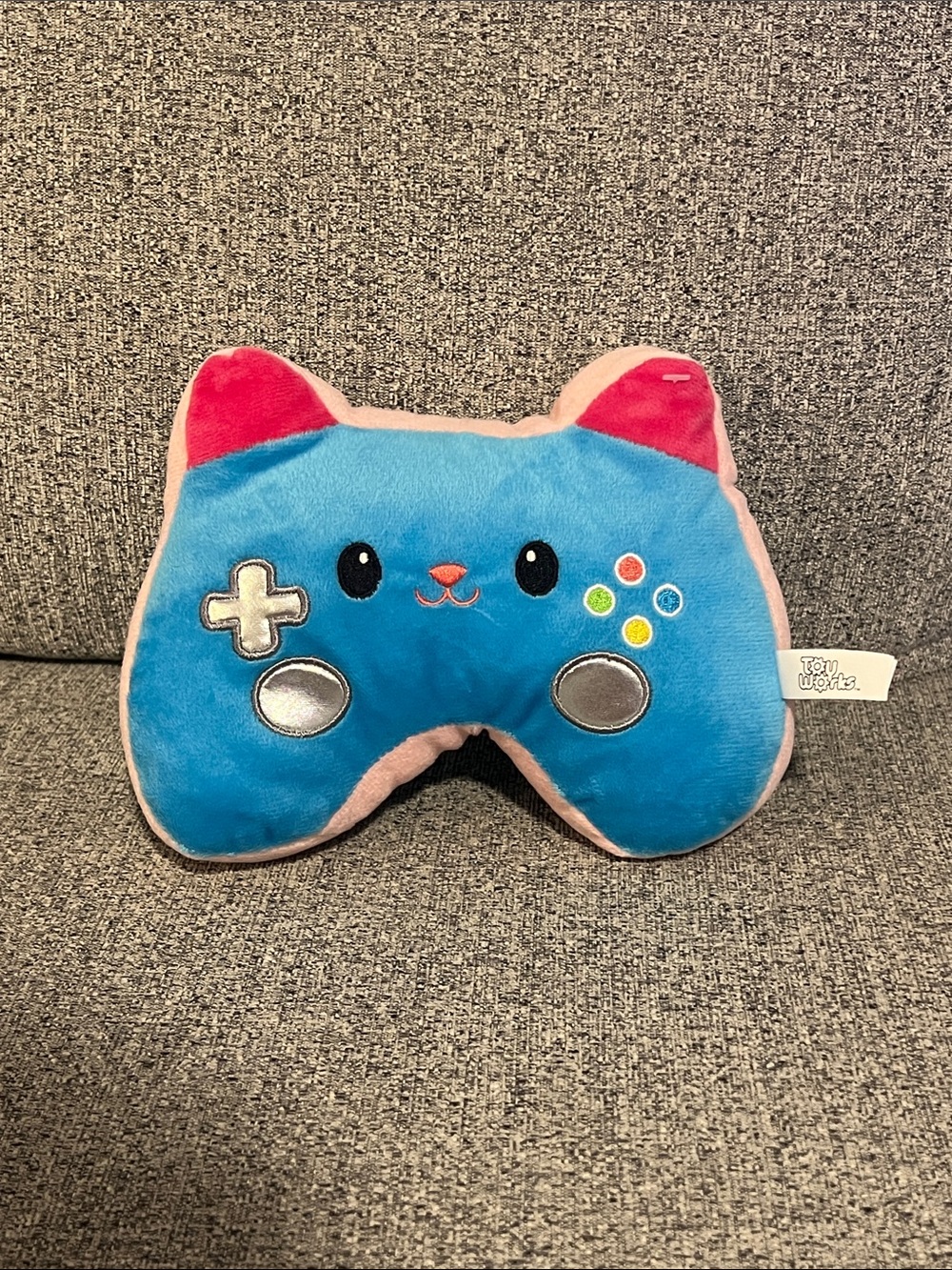 Blue & Pink Cat Controller Plush - Cute Gamer Pillow for Kids